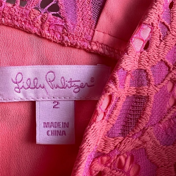 LILLY PULITZER | Rosaline Lace Mini Cocktail Dress | Hot Pink Orange Sheath | 2 - Picture 12 of 12
